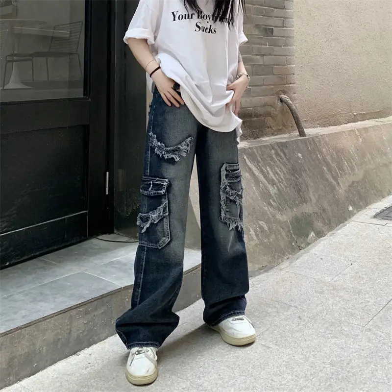 Women Vintage Y2K Streetwear Baggy Cargo Jeans High Waisted Straight Wide Leg Pants Denim Trousers Fairy Grunge Alt Clothes