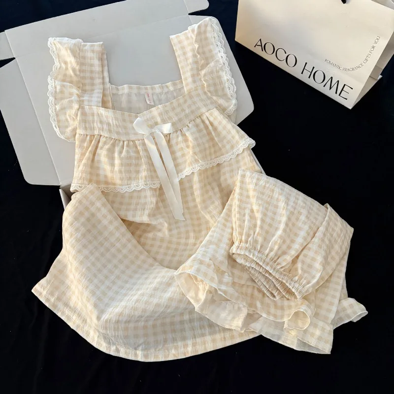 Summer Women Sweet Comfortable Lace Pajama 2pcs/set Lady Causal Sleeveless Sling Loungewear Girls Grid Bow Fashion Home Clothes