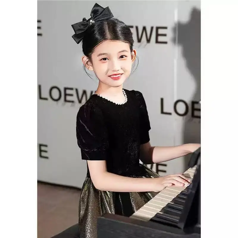 New Luxury Girls Formal Dress Hepburn Style Kids Piano Recital Violin Competition Host Party Gown for 110-160cm
