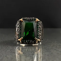 New Fashion Classic Zun Gemstone Two Color Art Engraved Ring Vintage Men's Ring Red Gemstone, Blue Gemstone, Green Gemstone Ring