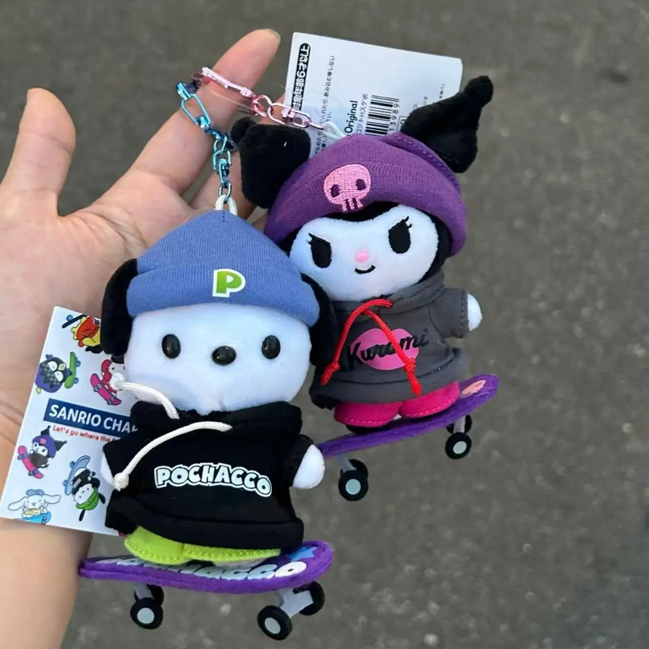

Sanrio Pochita Kuromi Cute Skateboard Plush Keychain Set Soft Bag Charm Accessory for Backpack Handbag Gift for Fans