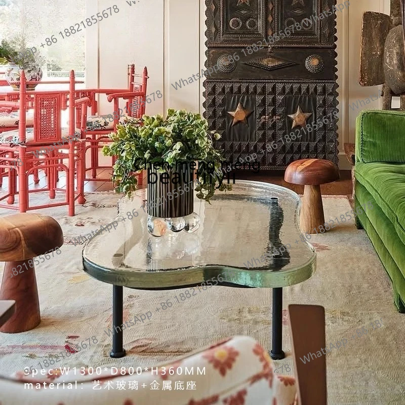 

E153 Italian minimalist transparent crystal glass coffee table living room household metal base special-shaped sofa side table