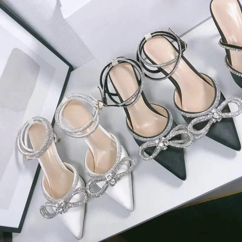 Zapatos de Vestir de Diseñador, Sandalias de Satén con Lentejuelas y Pedrería, con Lazo Brillante, para Mujer, para Banquetes y Bodas, Tacones Altos de 6cm y 8cm