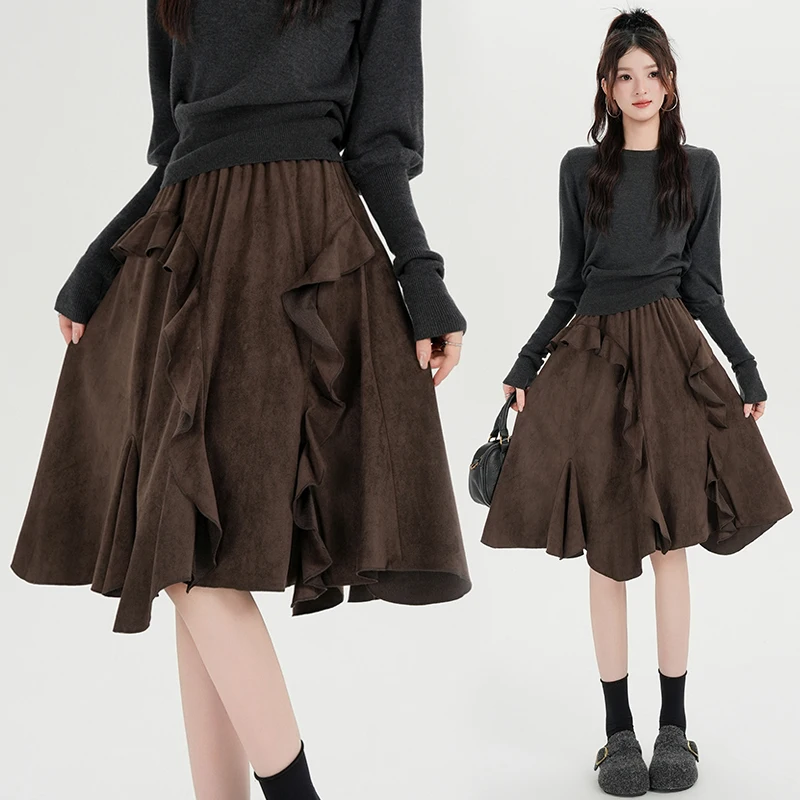 Women Autumn Winter Midi Skirt High Waist Ruffle Irregular Hem A‑Line Flared Swing Skirt For Ladies