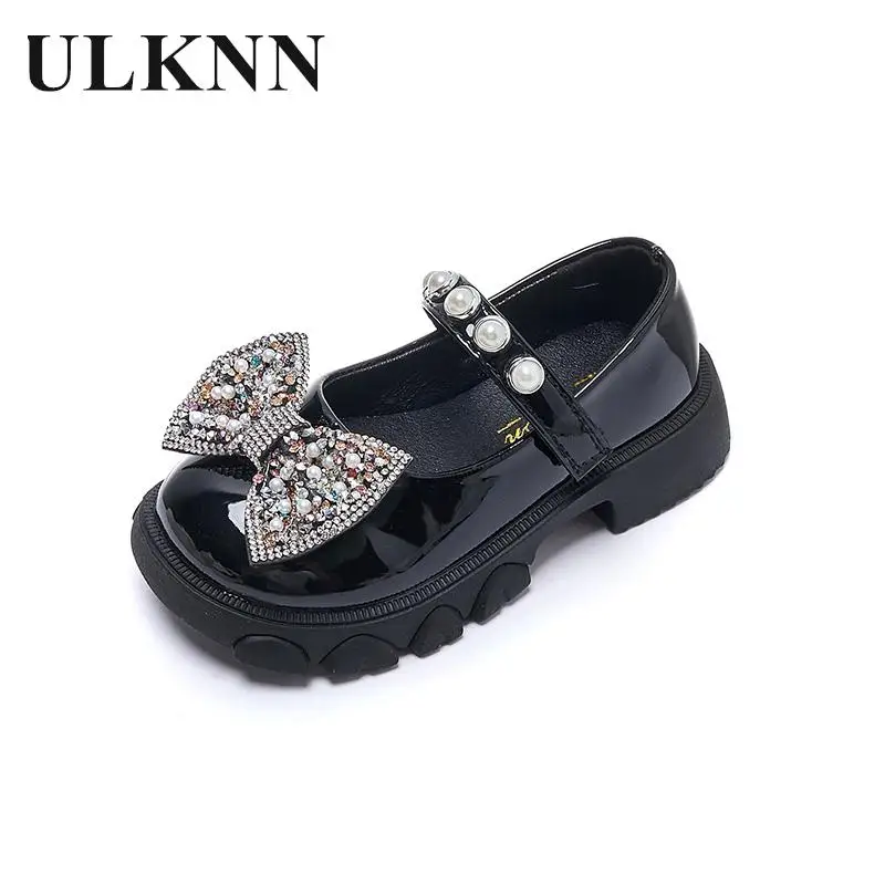 

Children's Mary Jane Shoes Girls Black Leather Shoe Princess Wear-Resistant Beading Bowknot Pearl Performance Single Shoew