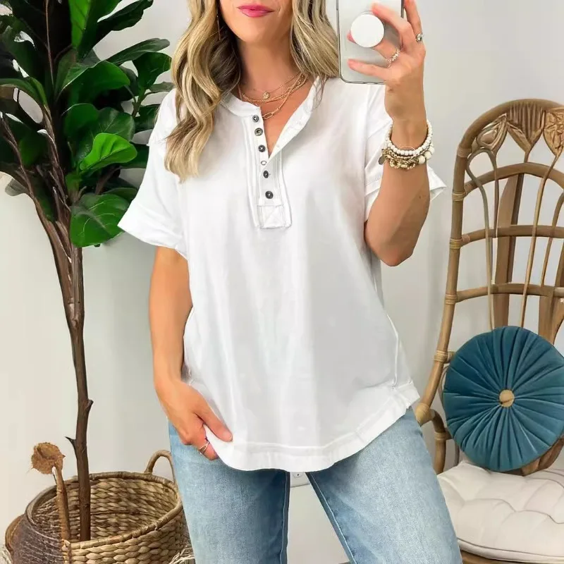 

Summer Buttons Collar Pullovers Lady New Casual Solid Color Versatile Short Sleeves T-shirts British Style Commute Party Blouses