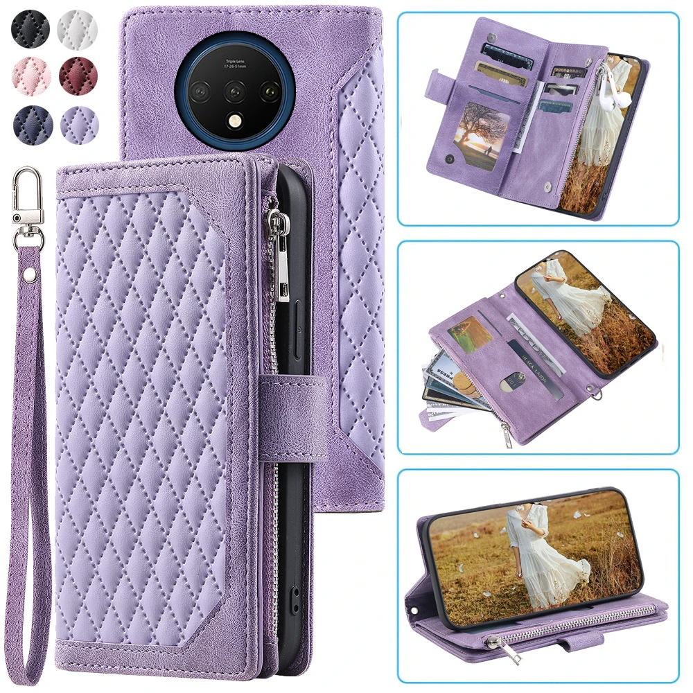 

Fashion Zipper Wallet Case For OnePlus 7T Flip Cover Multi Card Slots Cover Phone Case Card Slot Folio with Wrist Strap