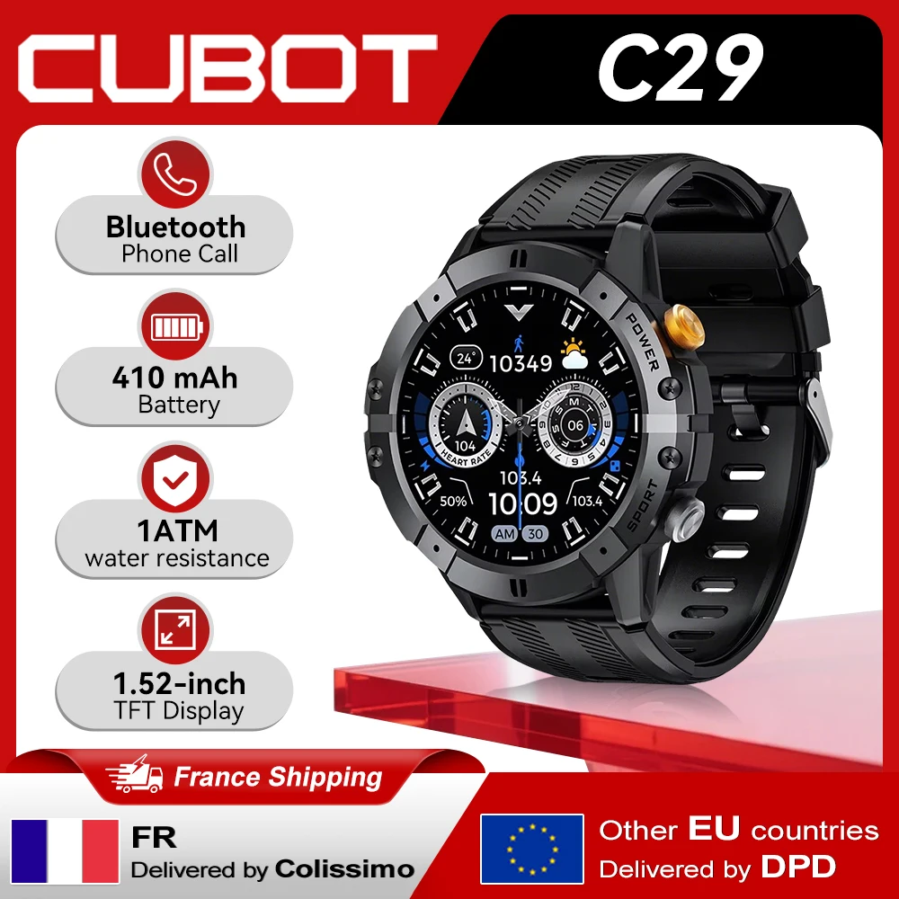 [Expédition depuis la France] Montre connectée CUBOT C29, écran 1,52 pouces, étanche 1ATM, montre de sport, 410 mAh, appels Bluetooth, moniteur de santé 24h/24