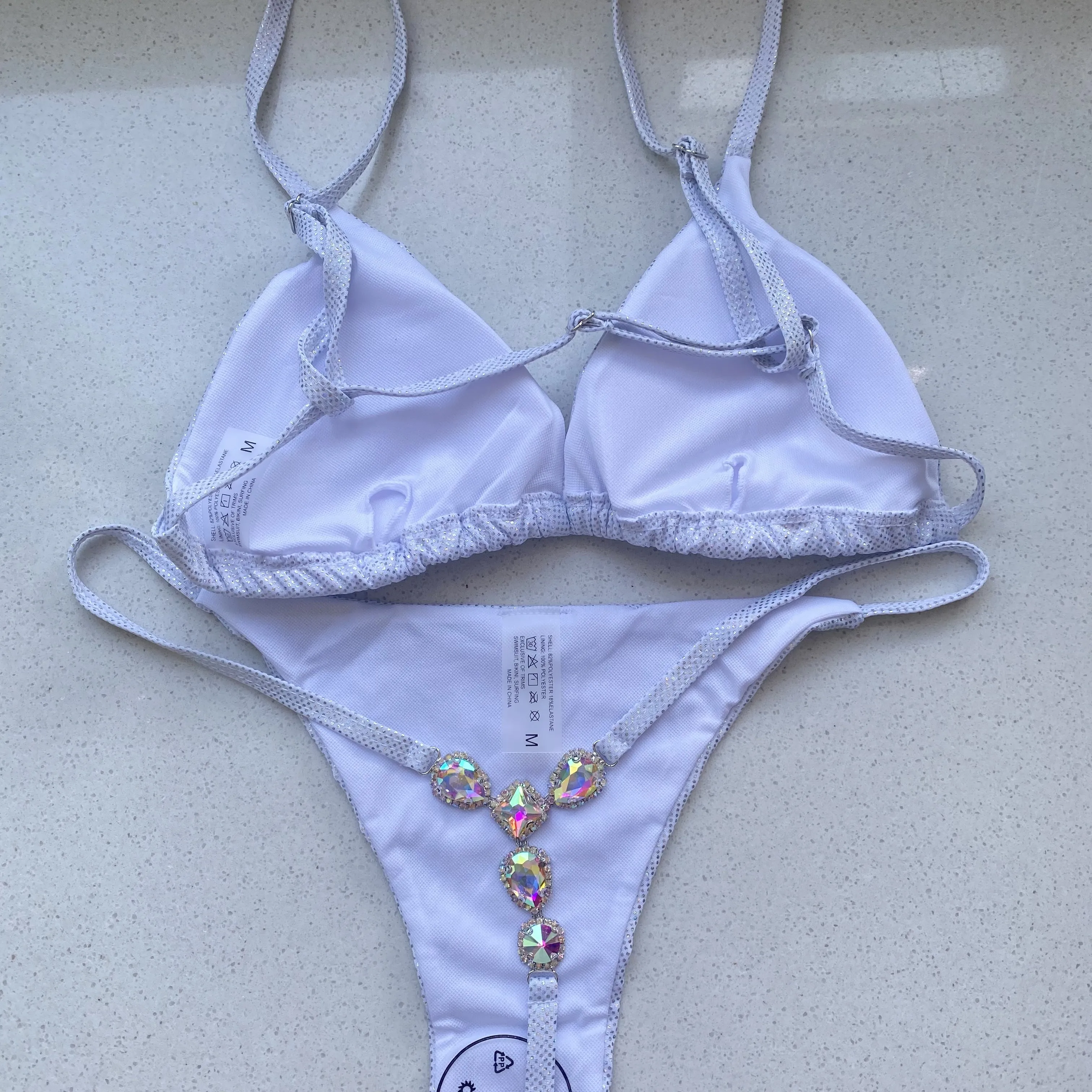 Sexy RhinestoneThong Bikini kobiety stringi brazylijskie stringi stroje kąpielowe strój kąpielowy srebrny Shinny Glitter Bikini unikalny strój