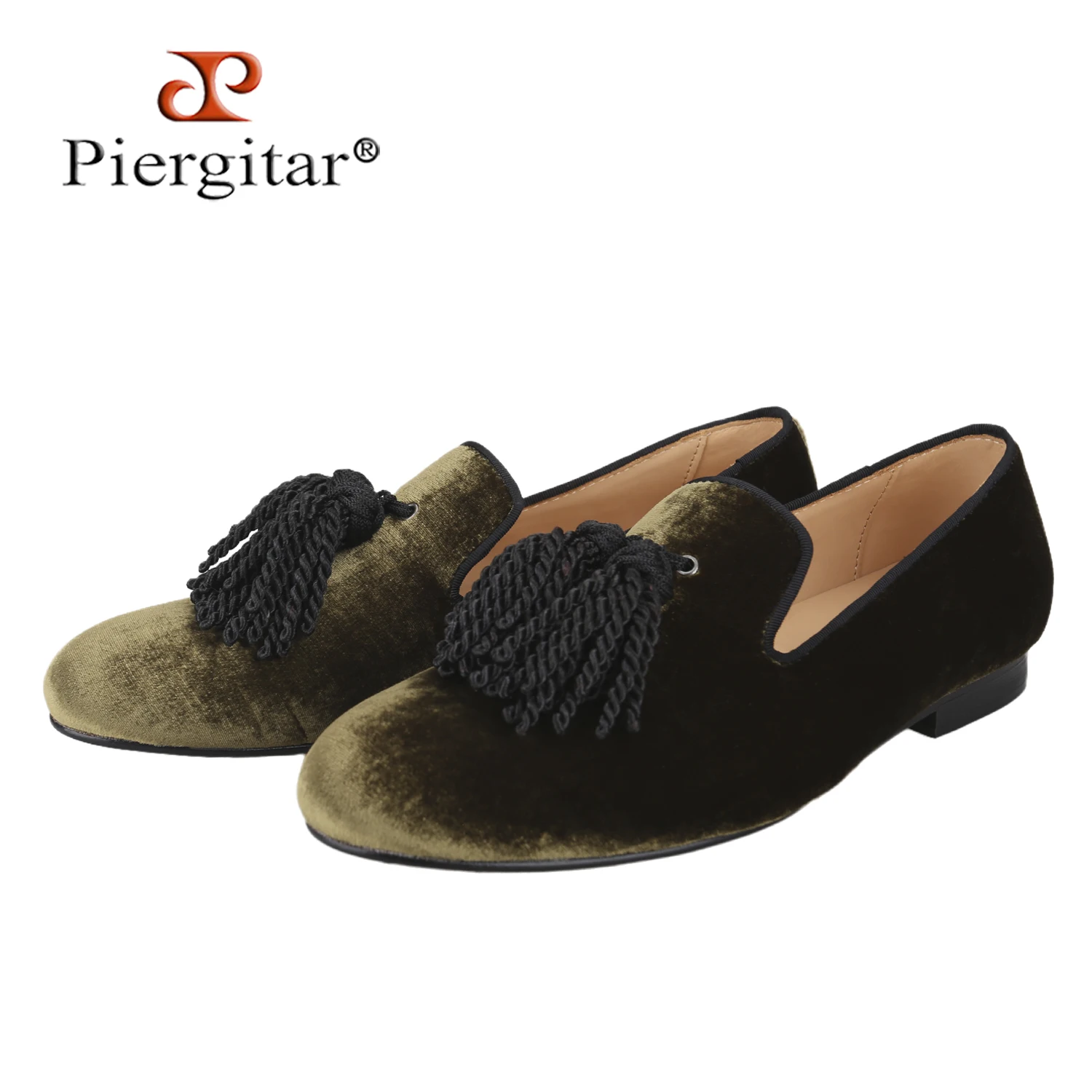 Piergitar Custom-Color Silk Velvet Men's Smoking Slippers With Handcrafted Tassels Classic Model Belgian Loafers Leather Outsole