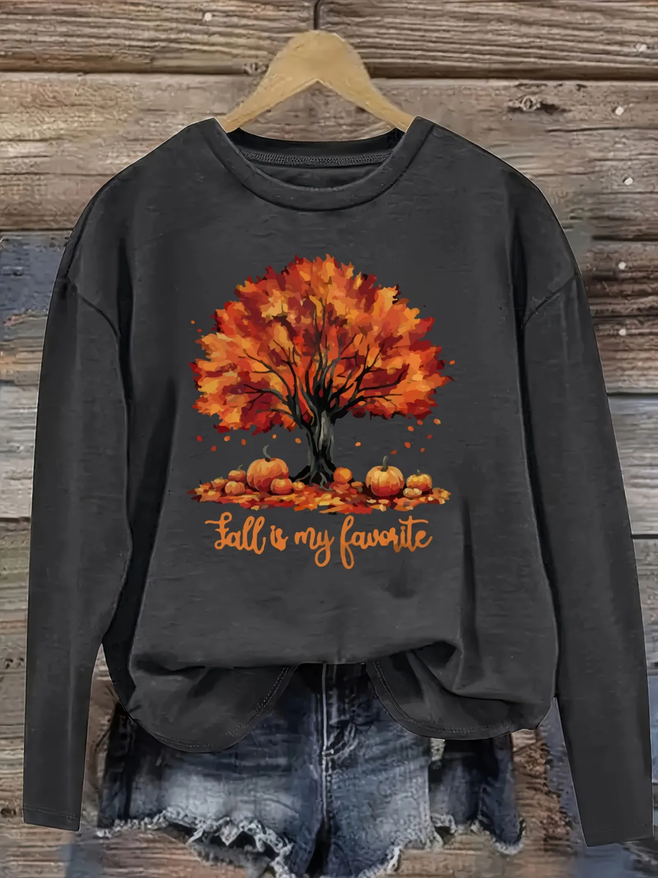 Women's Casual Long Sleeve Crew Neck T-Shirt Fall Is My Favorite Tree Design, Round Neck Women's Clothing, Machine Washable, Slightly Elastic, Loose Fit, Spring Autumn Winter Women's T-Shirt, Halloween Costume Outfit
