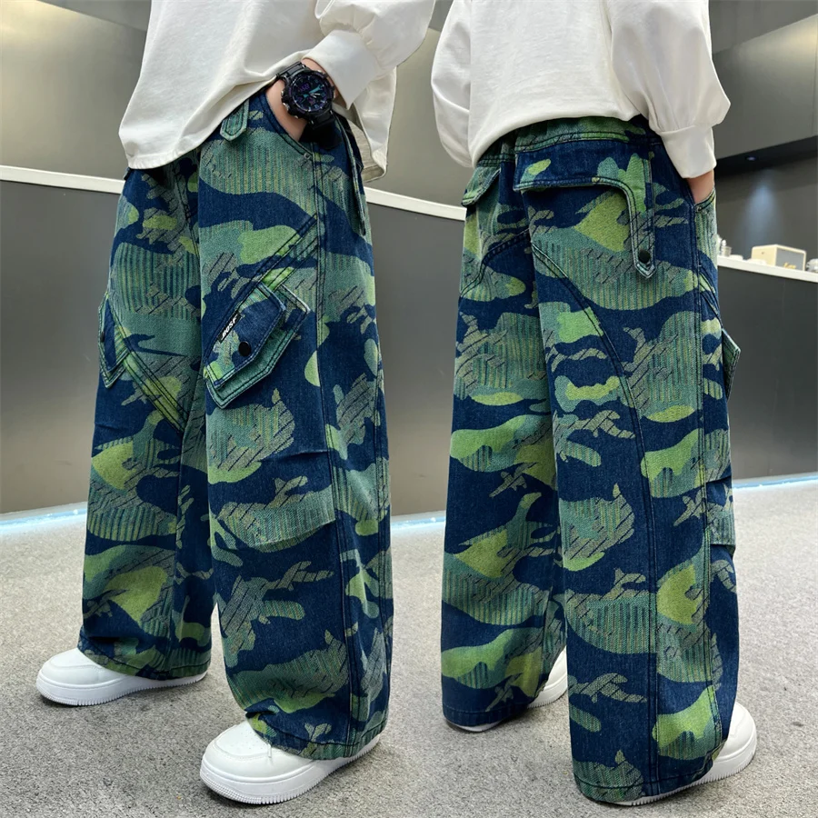 

New Spring Children Fashion Design Green Camouflage Jeans Trousers For Teenage Boys Stylish Camo Denim Pants 5 7 9 11 13 14 Y