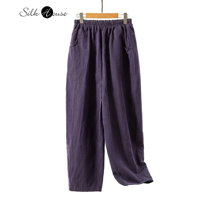 

Purple 100% Natural Mulberry Silk Turtle Crack Fragrant Cloud Yarn Retro Artistic Feeling Elastic Waist Straight Leg Pants