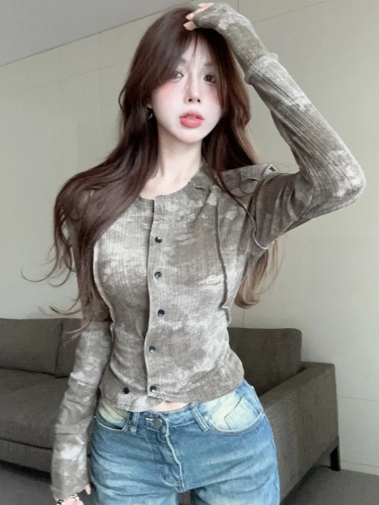 

Retro American Casual Long Sleeve Gradient Dyeing Slimming Women's Top Fashionable Elegant Beautiful Base Shirt Trendy