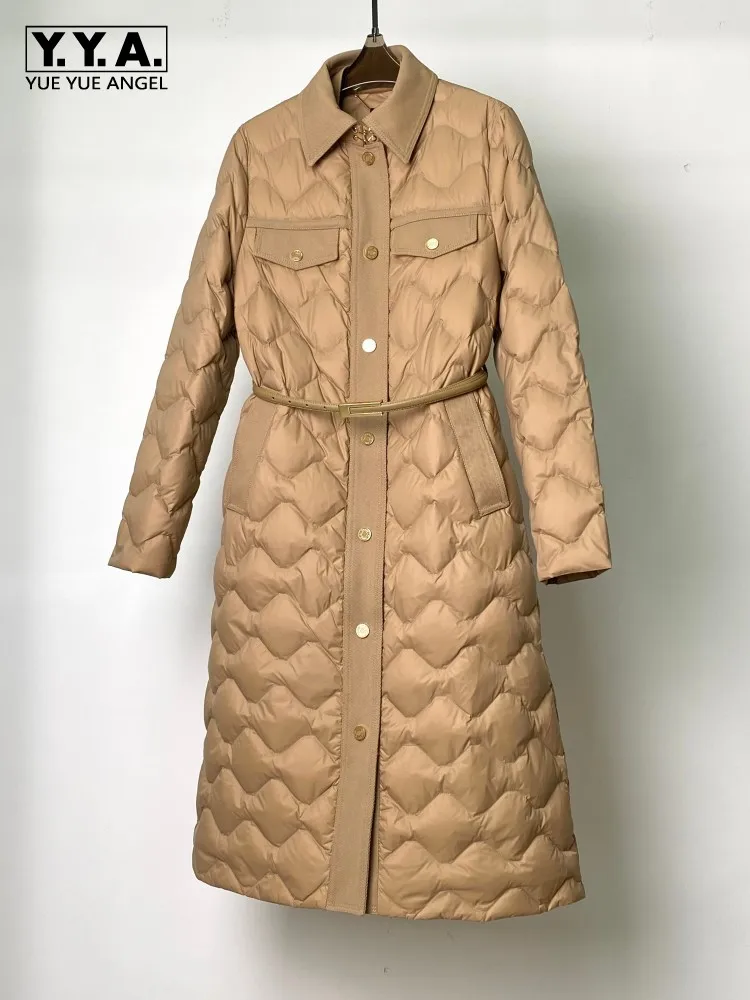 Wysokiej jakości damska kurtka puchowa jednorzędowa z paskiem, ciepła długa kurtka z kołnierzem, elegancka odzież biurowa, streetwear, casualowy płaszcz.