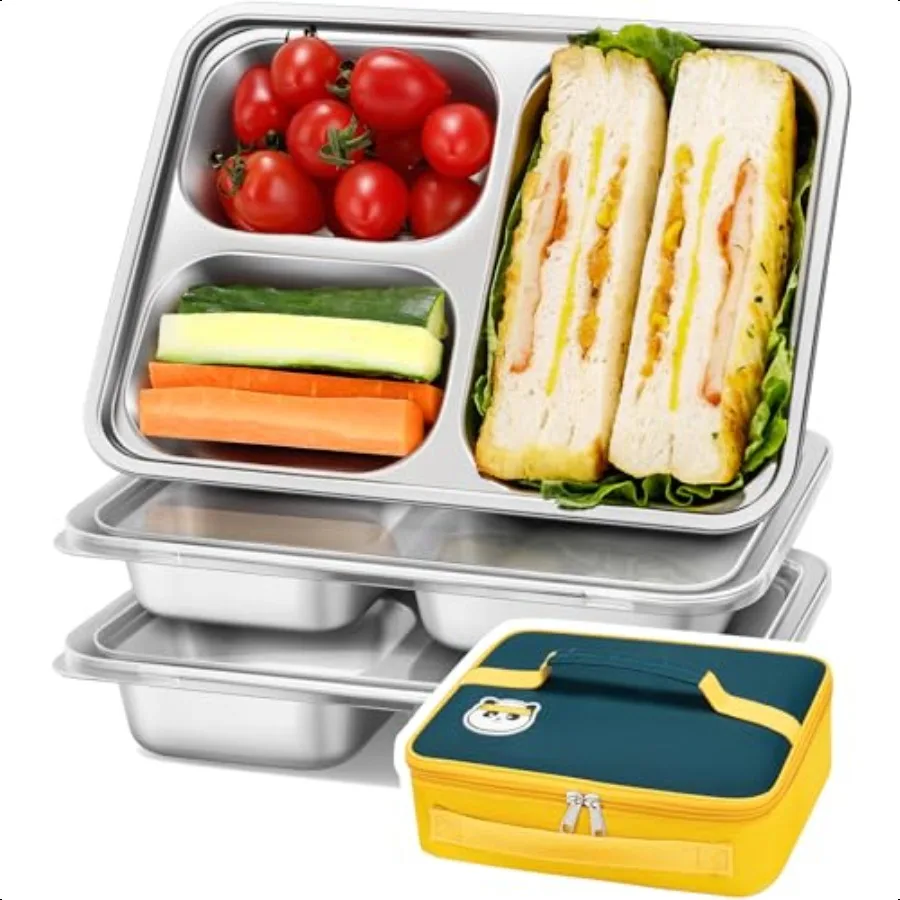 

3 Pack Stainl Steel Snack Lunch Containers with Plastic Lids Meal Prep Containers 3 Compartments Metal Bento Lunch Boxes for Ad