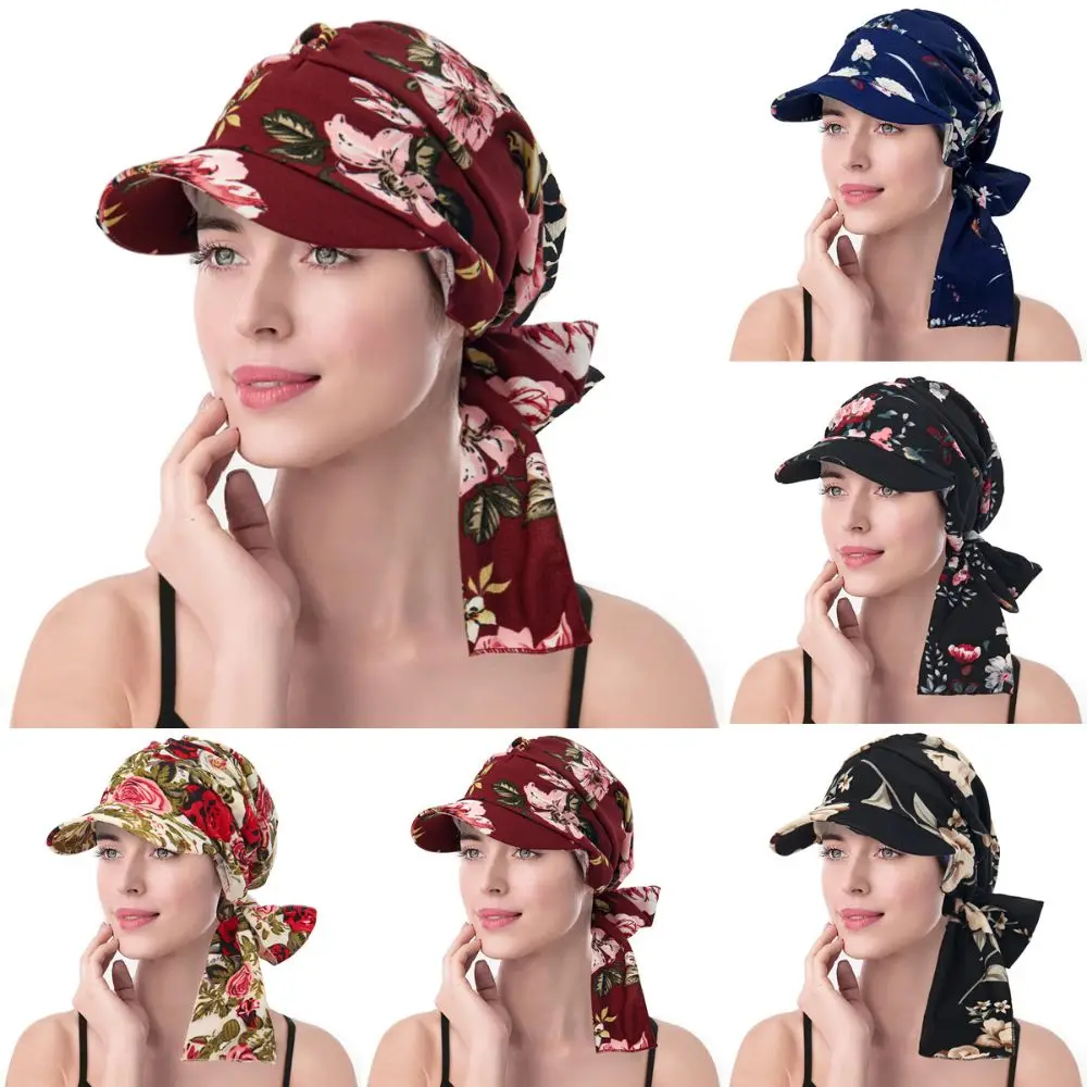 

Fashion Print Women Hijab Caps Wrap Hair with Brim Turban Bonnet Comfortable Breathable Ladies Headscarf Hat Hide Hair
