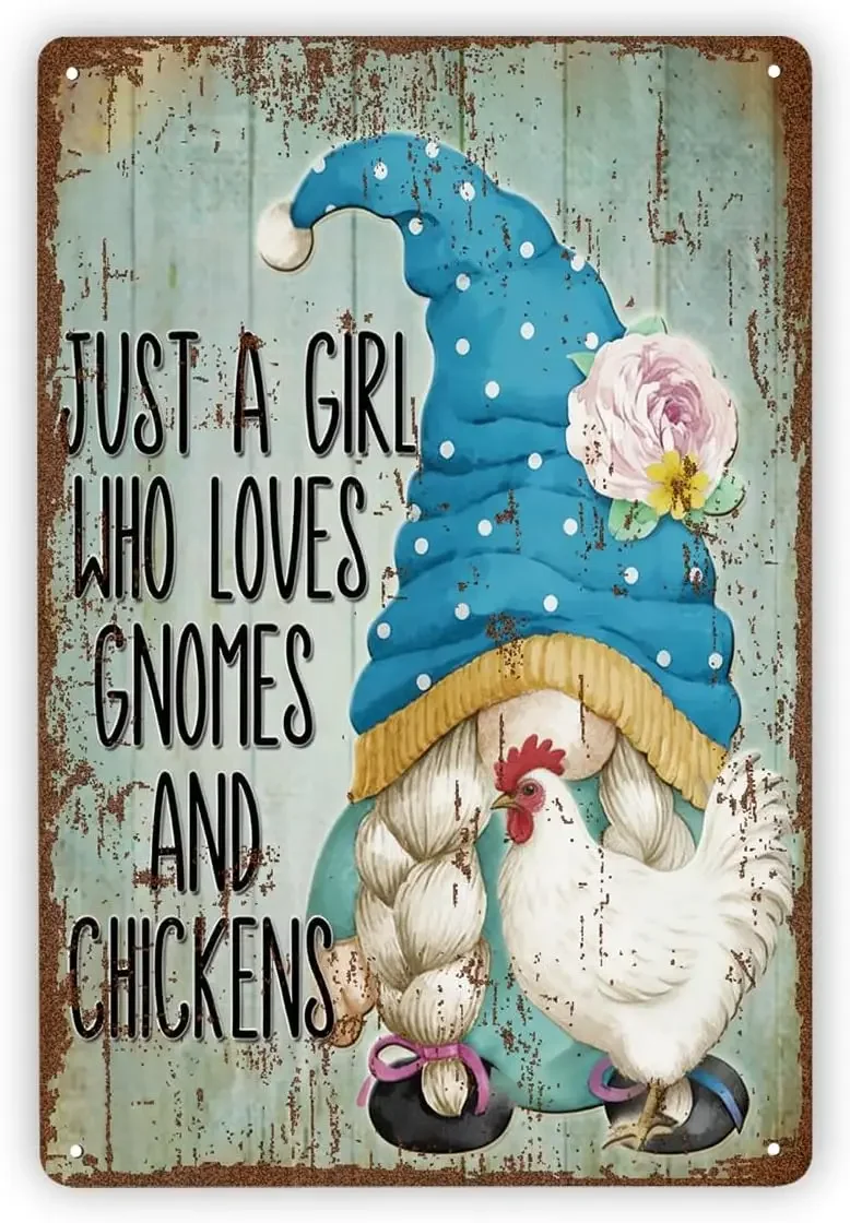 Funny Metal Sign, Just a Girl Who Loves Gnomes and Chickens, Vintage Metal Tin, Rustic Farmhouse Wall Art, Coworker Christmas