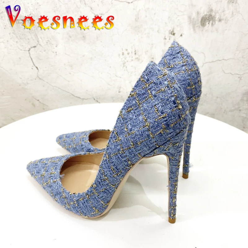 Mode Kostüm Tweed Frauen Schuhe Herbst neue blau karierte High Heels 10cm spitzen Zehen Party weibliche Pumps flachen Mund Einzels chuh