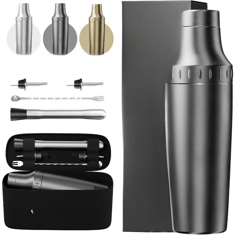 

Hybrid Cocktail Shaker Set | Vacuum Insulated Stainless Steel Martini Shaker with Strainer & Jigger Lid | Travel cocktail kit