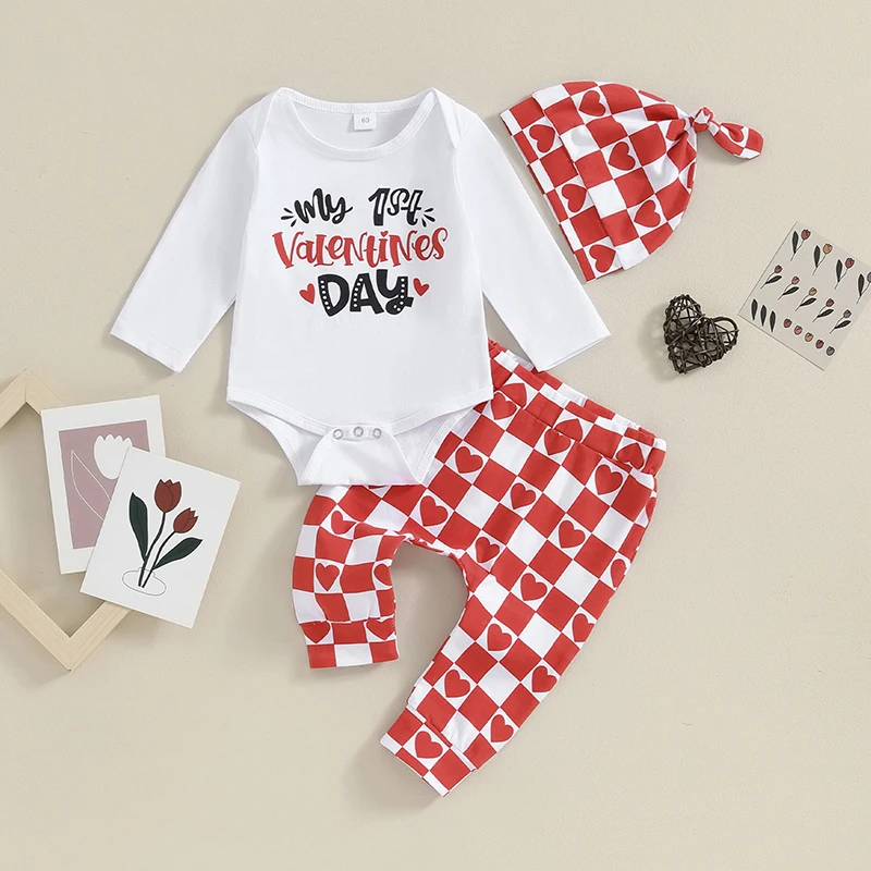 Valentinstag-Outfit-Set für Babys, Mädchen, rosa, kurzärmelig, Herzdruck, Strampler, weißer Rock, Stirnband-Sets