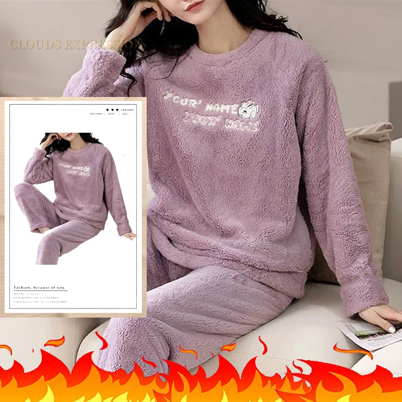 Conjuntos de Pijamas de franela para Mujer, ropa de dormir de terciopelo con estampado de lunares, ropa de casa Kawaii Girsl, Otoño e Invierno