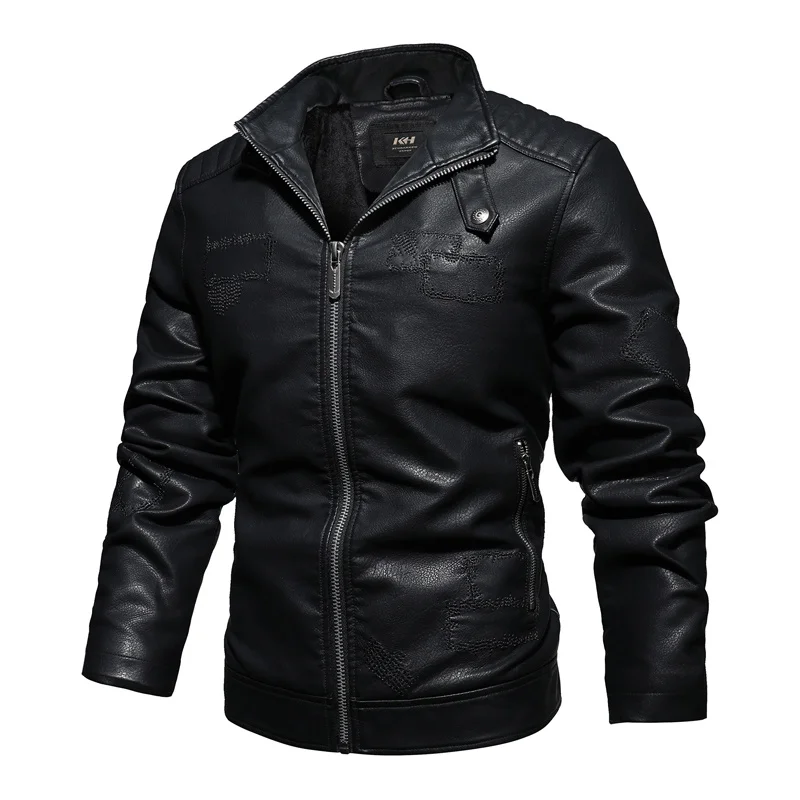 Fashion High-quality Men's PU Leather Jacket Black Warm Plus Velvet Embroidery Patch Motorcycle Men Brand Clothing L-3XL