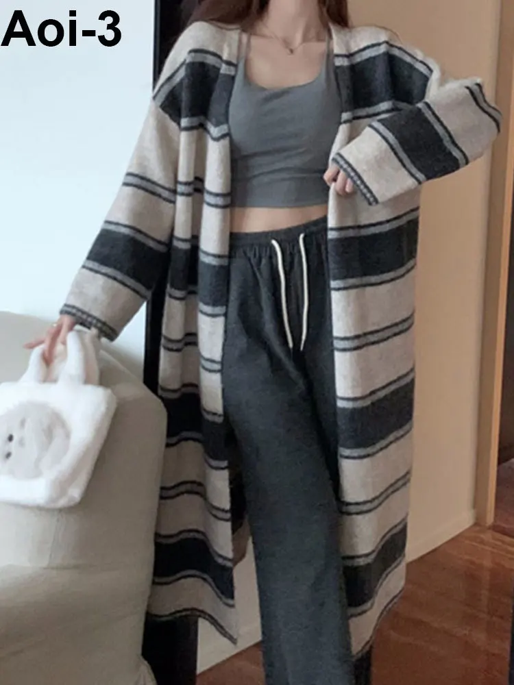 

Korean Commuter Long Knitted Cardigan Women's 2023 Autumn Winter Loose Casual Contrast Color Striped Sweater Long-Sleeved Coat