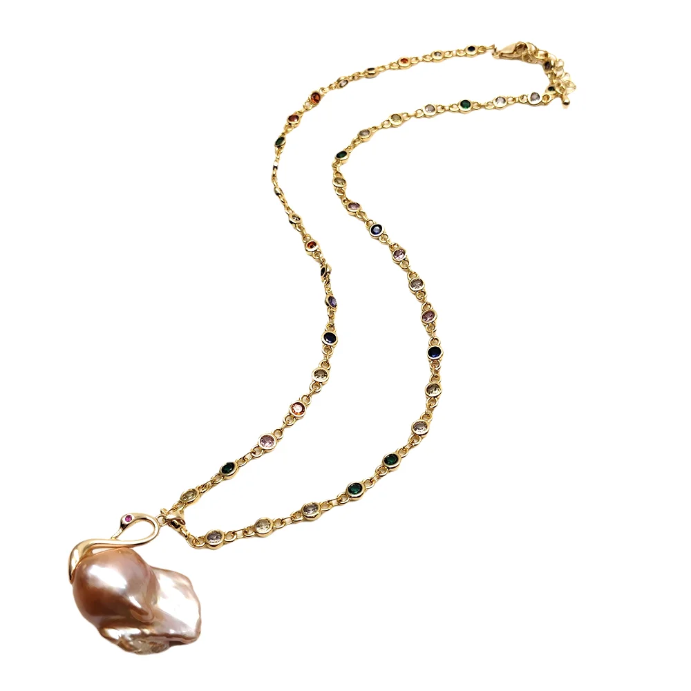 

yygem 18x30mm Freshwater Pink Baroque Pearl Swan Pendant Chain Necklaces Fashion Boho Jewelry Gifts