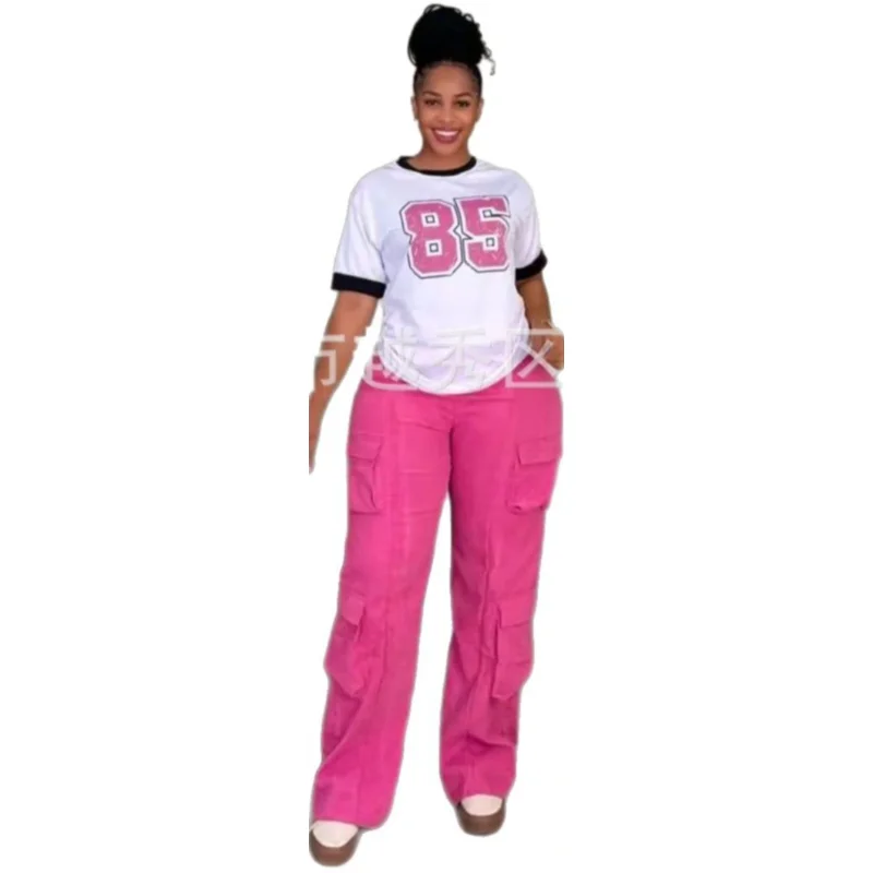 Conjunto de 2 piezas con estampado de rayas personalizado para mujer, chándal informal de talla grande para oficina y pantalones de pierna ancha, novedad de 2025