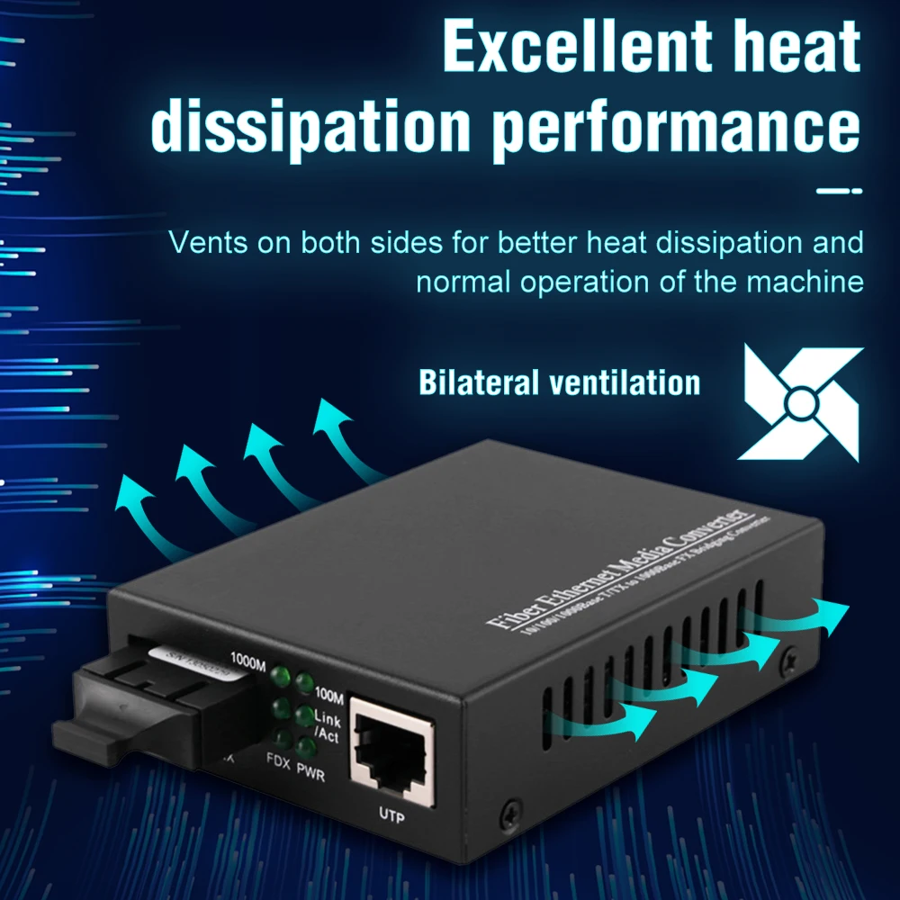 Ewind Gigabit Dual Fiber Media Converter Met Ingebouwde 1Gb Single Mode Duplex Fiber 10/100/1000M RJ45 Om 1000Base-LX Tot 20Km