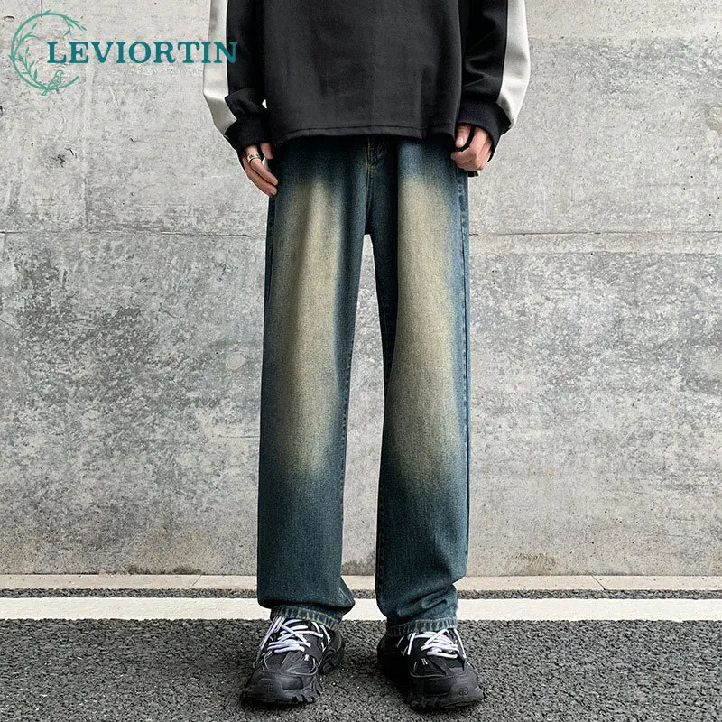 Retro jeans men's trendy casual pants Hong Kong style trendy fashion high street straight tube loose wide leg pants TM5804#