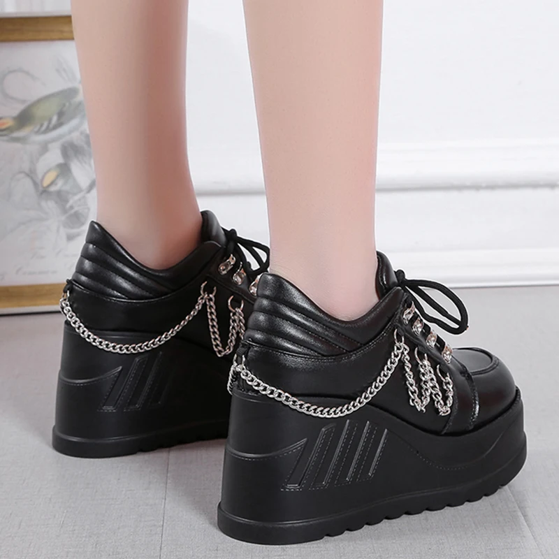 Metal Chain Punk Gothic Shoes Woman Thick Bottom High Wedge Sneakers for Women 2023 New Black Chunky Platform Y2K Uniform Shoes