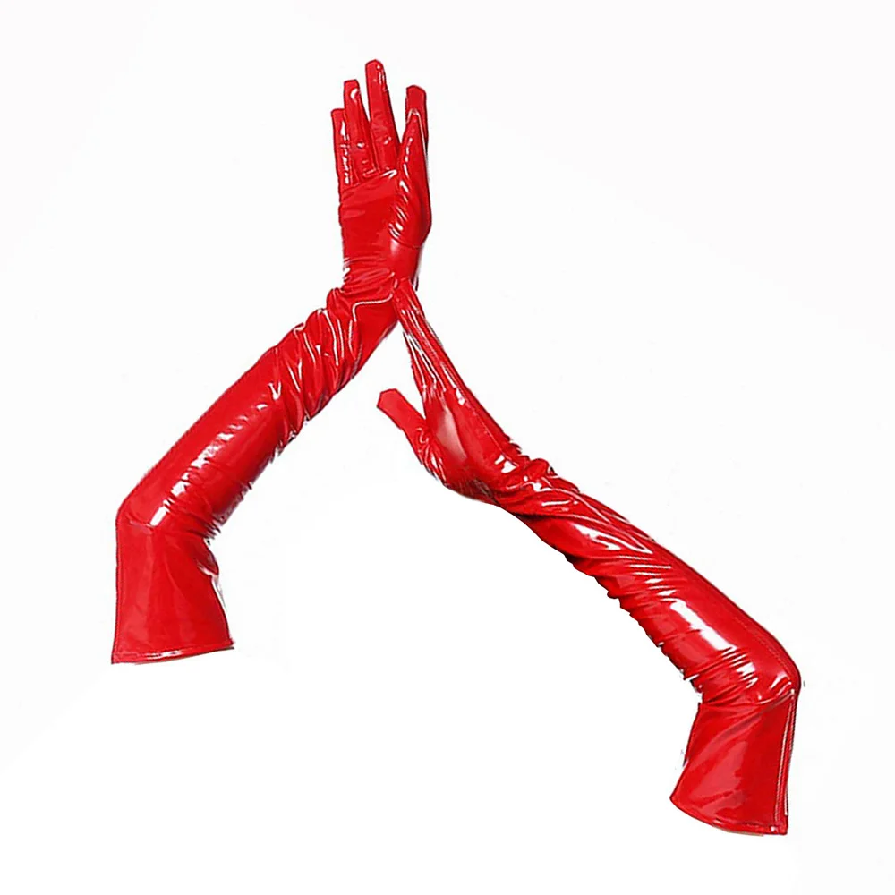 Women Clubwear Cosplay Accessories Red Black Shiny Leather Long Gloves Wetlook Latex Dance Performance Gloves  Steampunk Gloves