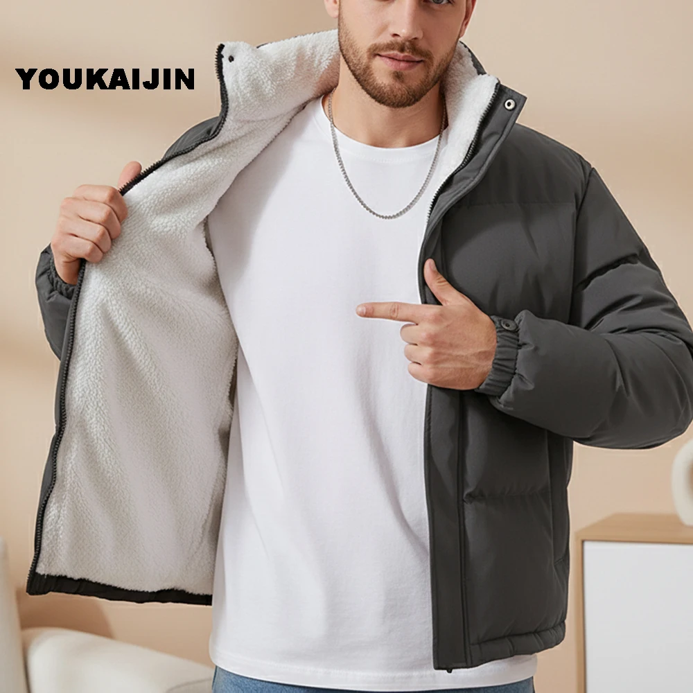 

Новое поступление, мужская куртка-пуховик, черное толстое пальто с воротником-стойкой и белой флисовой подкладкой, зимняя теплая повседневная верхняя одежда на молнии для мужчин