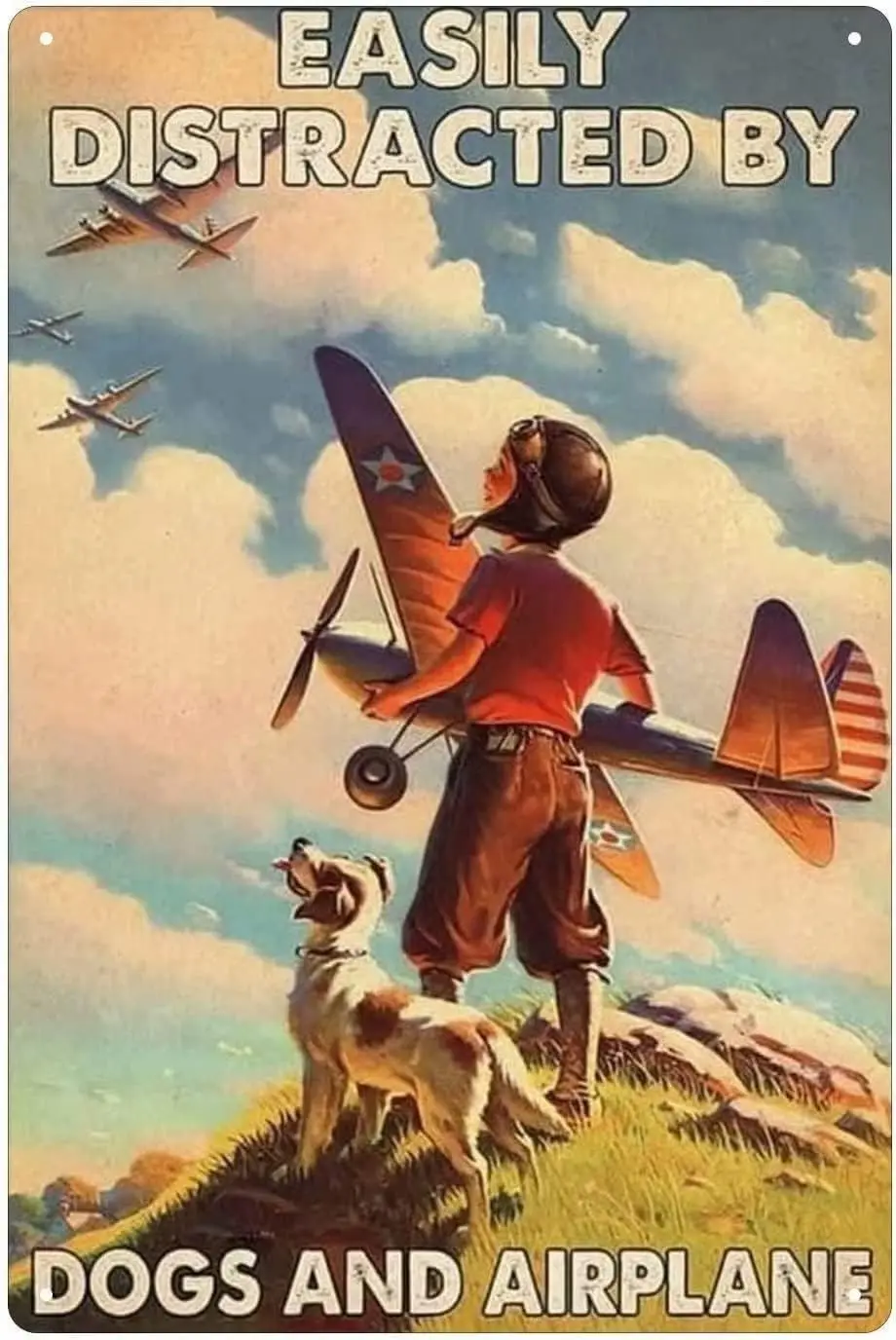 Airplane Vintage Metal Tin Sign Easily Distracted By Dogs And Funny Poster Military Enthusiasts Club Living Room Bathro