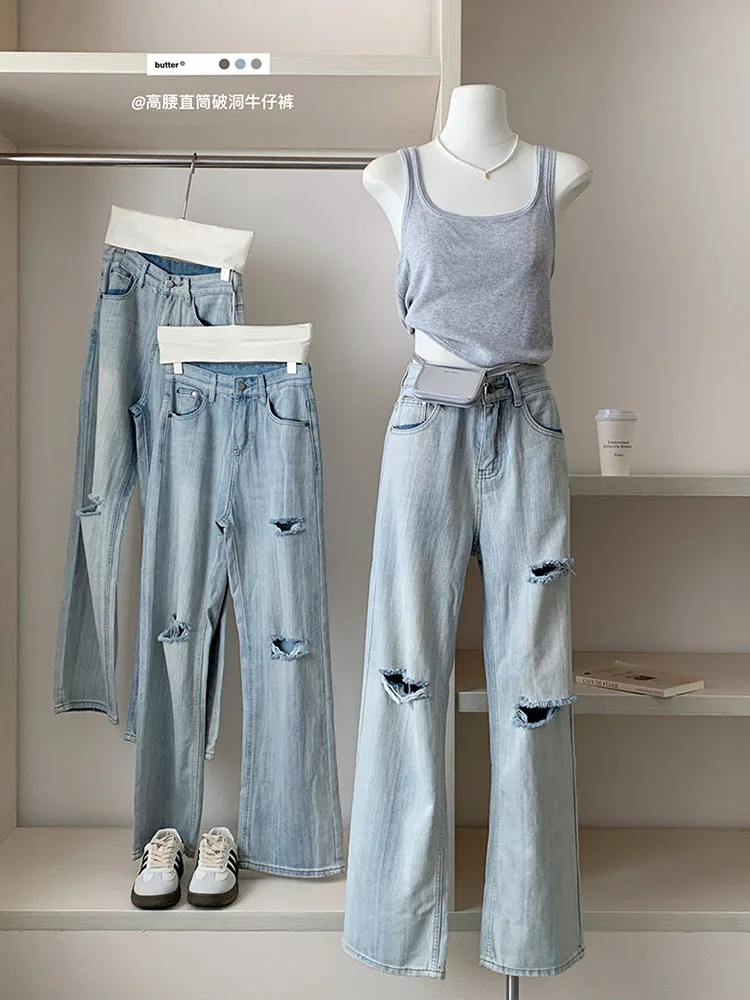 

American Style Y2k Ripped Jeans Women Fashion Gyaru Blue Wide Leg Pants Hiphop High Street Denim Trousers Summer 2024 New Design