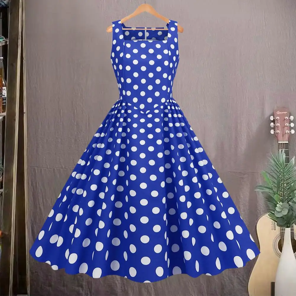 

Women A-line Sundress Vintage-inspired A-line Midi Dress with Square Neck Dot Print for Women Retro Swing Party Gown with High