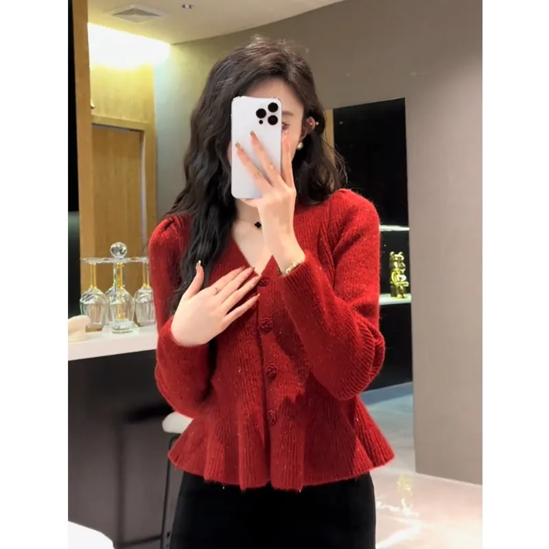 2024 Spring Autumn New Women Cropped Tops Clothes French Slim Ruffle Knitted Cardigan Bubble Long Sleeve V-Neck Sweater Jacket