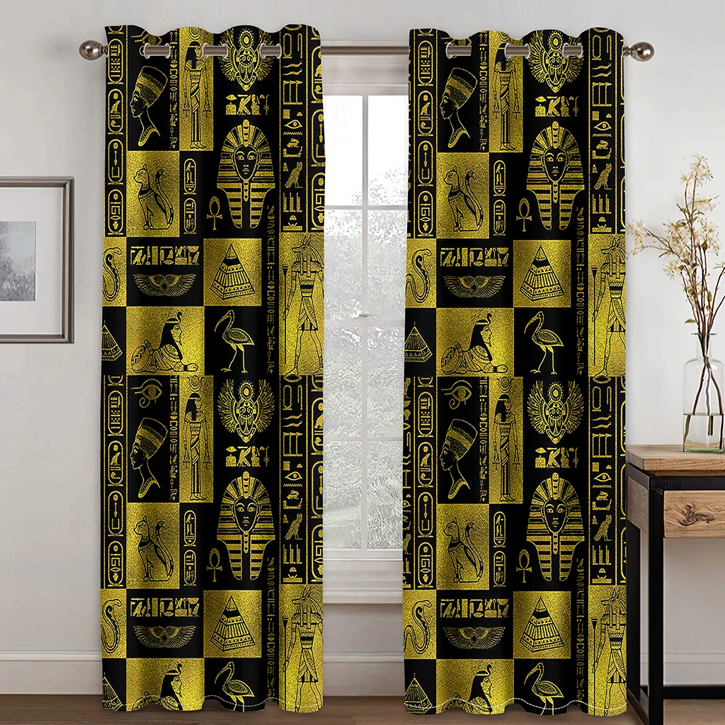 2Panels Ancient Curtain for Living Room Egyptian Bedroom Curtain Golden Retro Kitchen Blinds Window Curtain Luxury cortinas