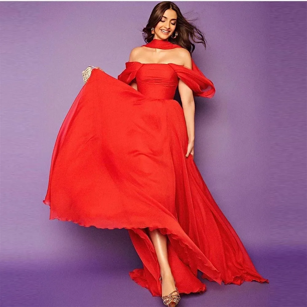 

Sevintage Red Saudi Arabic Chiffon Evening Dresses Off the Shoulder A-Line Pleat Ruched Prom Dress Wedding Party Gown 2023