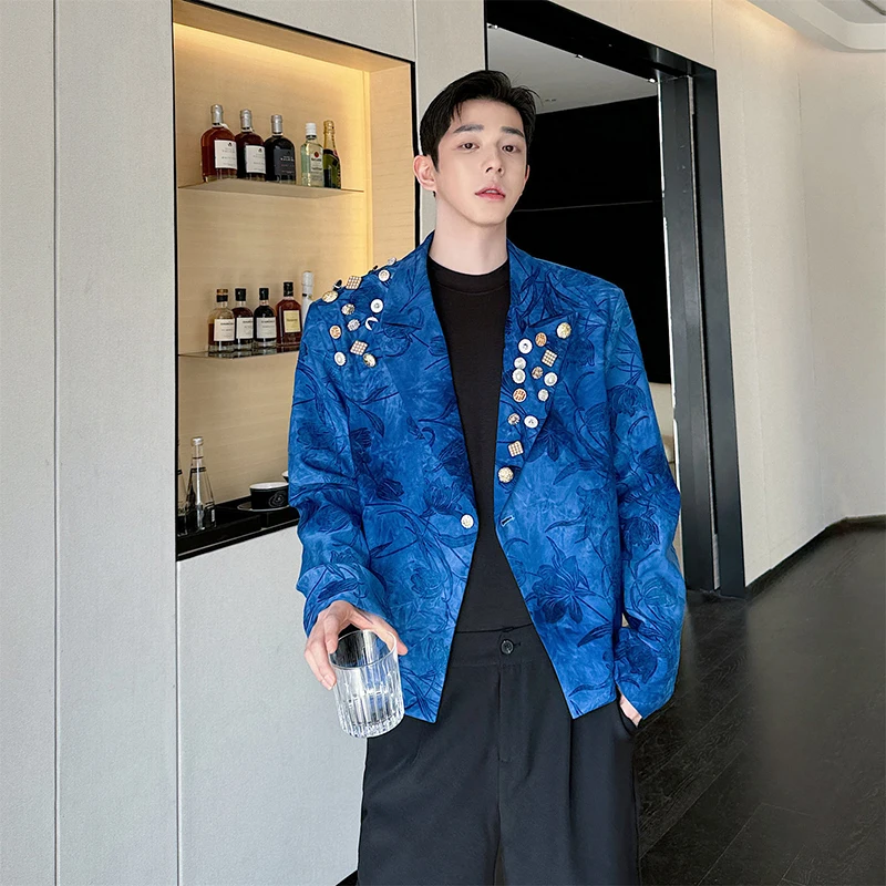 WTHT Fashion Men's Spliced Button Flower Print Blazer Coats Trendy Single Buckle Lapel Loose Jackets Male 2026 Summer 2A2866
