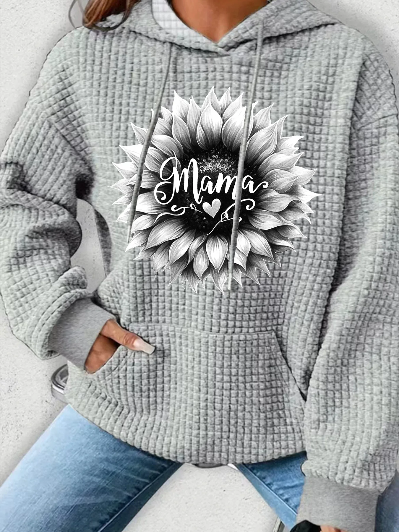 

Женская одежда больших размеров, вафельные вязаные топы для женщин, толстовки оверсайз с буквенным принтом и цветочным принтом для женщин, толстовка с карманами