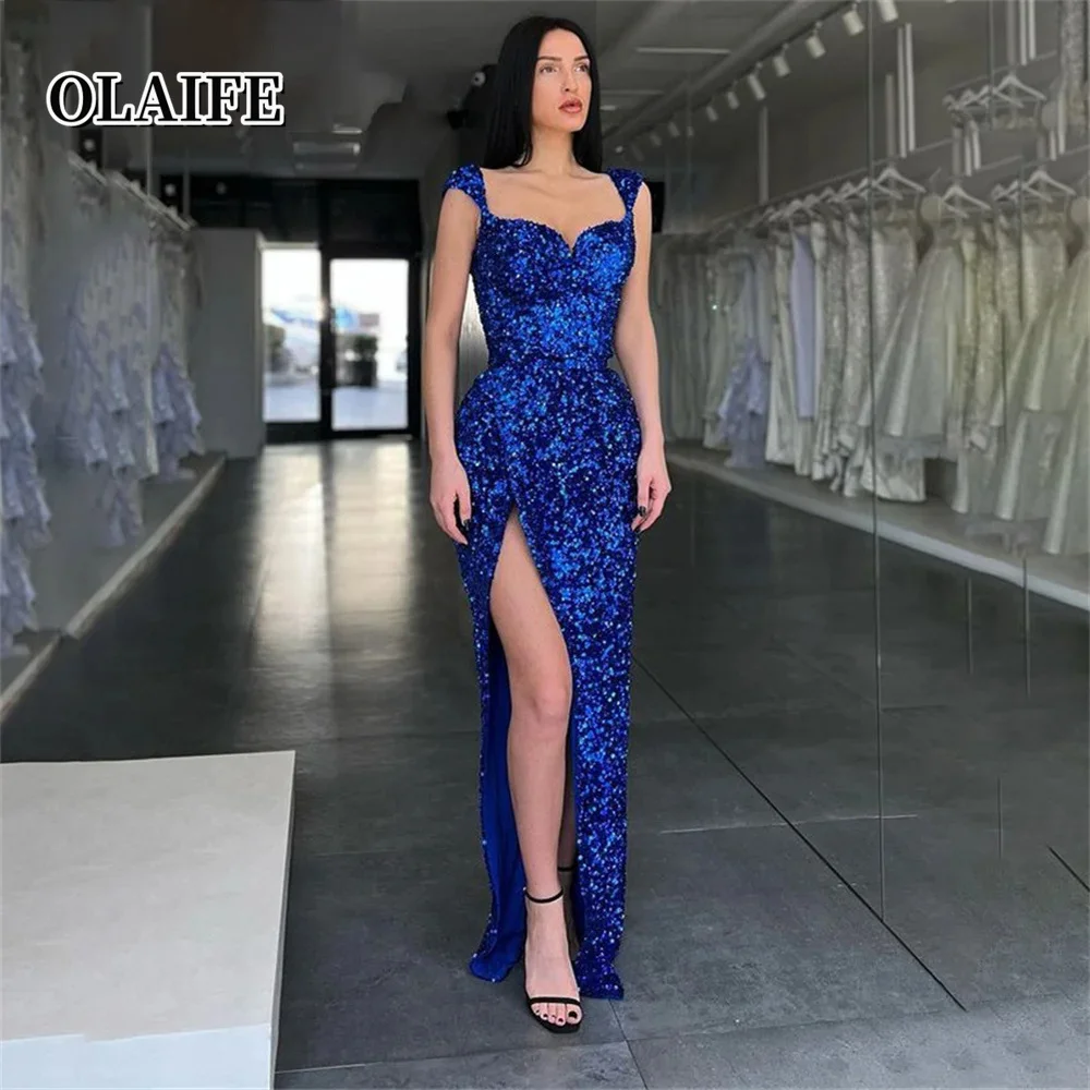 

Вечернее платье с тонкими бретелями и пайетками, элегантное выпускное платье с высоким разрезом, свадебное вечернее платье королевского синего цвета, вечерние наряды.