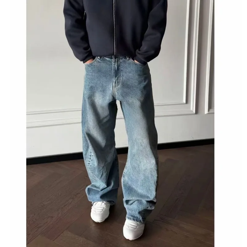 New Men Vintage Curved Baggy Denim Jeans Back Paris Buckle Washed Loose Wide‑Leg Retro Street‑Style Casual Long Trousers For Men