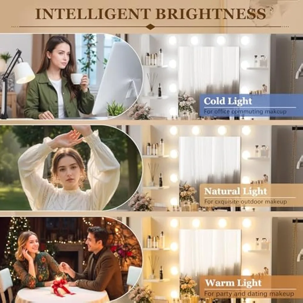 Makeup Dressing Table with Mirror and Power Socket, with 3 Color Light Options and Adjustable Brightness