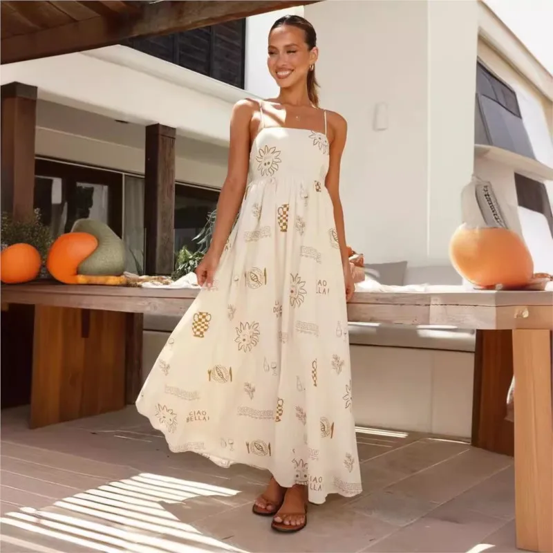 

Striped Flower Printed Strapless A-line Fresh Dress Elegant Slim Female Sleeveless Backless High Waist Beach Holidays Dresses