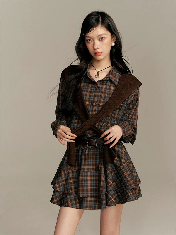 

16DEWS Retro Plaid Shirt Dress Asymmetrical High Waist Long Sleeve Spring Fashion Women's Set Casual Comfortable Loose Fit