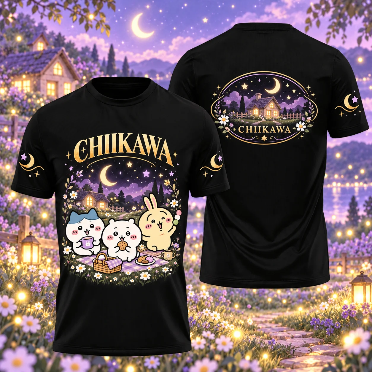 Chiikawa Night Picnic Graphic T-Shirt Cute Hachiware Usagi Momonga Print Tee Kawaii Anime Fan Women and Kids Short Sleeve Shirt