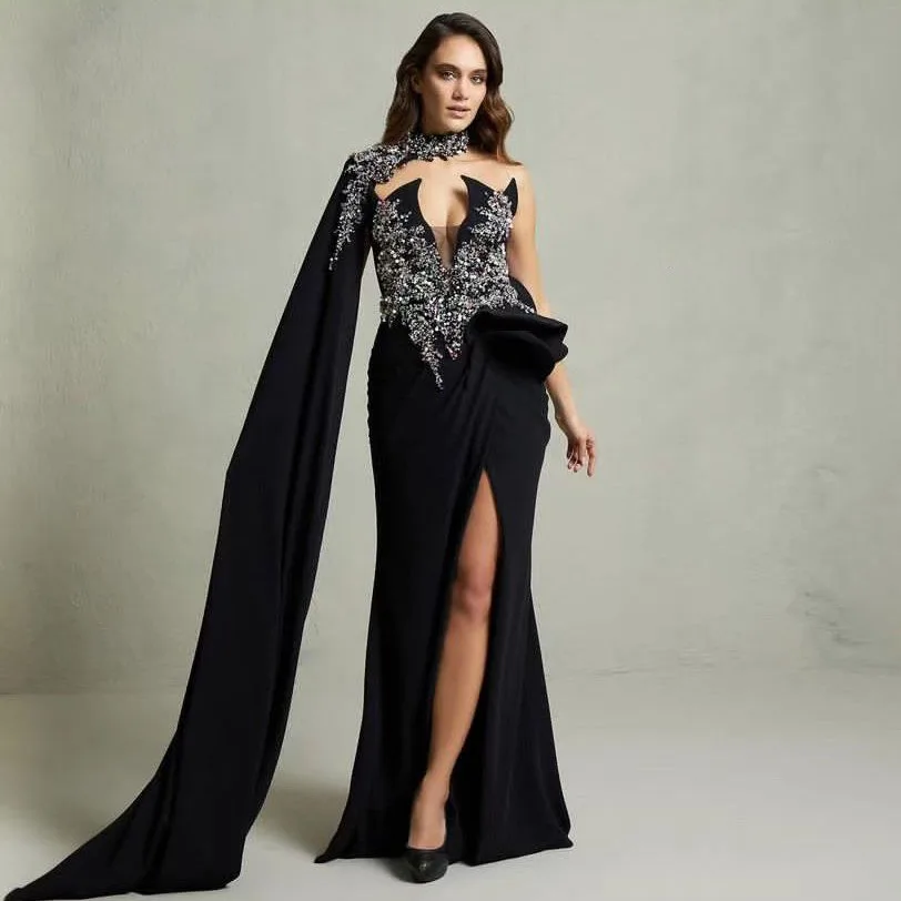 Eye Catching Black Dresses To Party Sequin Beaded Chiffon Prom Gowns Trimmed Long Cloak Elegant Formal Dress Off Shoulder